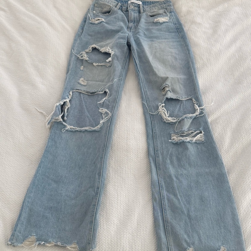 Blue Flare Wide Leg Distressed Jeans